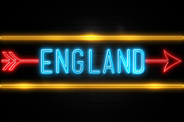 England  - fluorescent Neon Sign on brickwall Front view