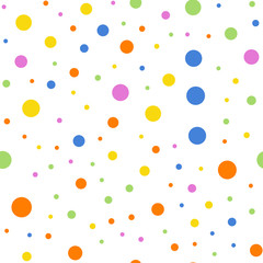 Colorful polka dots seamless pattern on white 2 background. Stunning classic colorful polka dots textile pattern. Seamless scattered confetti fall chaotic decor. Abstract vector illustration.