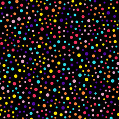 Memphis style polka dots seamless pattern on black background. Amazing modern memphis polka dots creative pattern. Bright scattered confetti fall chaotic decor. Vector illustration.