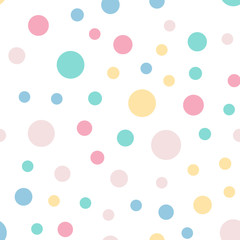 Colorful polka dots seamless pattern on white 9 background. Marvelous classic colorful polka dots textile pattern. Seamless scattered confetti fall chaotic decor. Abstract vector illustration.