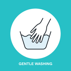 Hand washing of clothes colored flat line icon. Vector logo for laundry or dry cleaning service. Linear illustration of gentle wash.