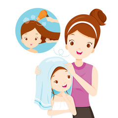 Obraz premium Mother Rub Daughter Hair With Towel, Salon, Hairdressing, Hairdo, Barber, Beauty