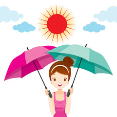 Girl Holding Two Umbrellas With Sun Light, Facial, Beauty, Cosmetic, Makeup, Treatment, Healthy