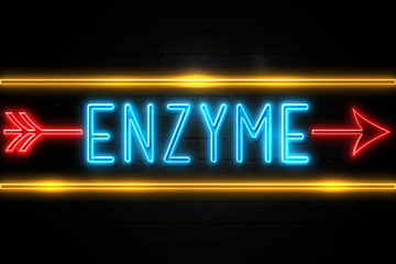 Enzyme  - fluorescent Neon Sign on brickwall Front view