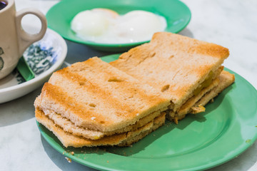 Singapore Breakfast Kaya Toast, Coffee bread and Half-boiled eggs