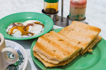 Singapore Breakfast Kaya Toast, Coffee bread and Half-boiled eggs