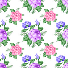 Seamless pattern with roses and flowers. Vector Illustration in retro style