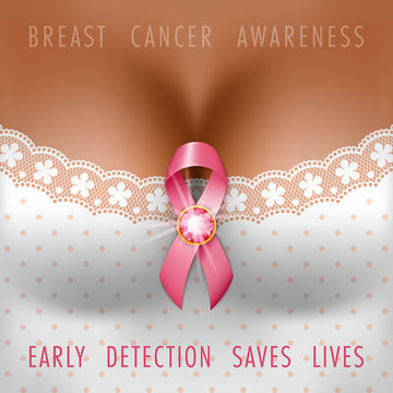 Breast cancer awareness month. Silk pink ribbon on the female bust. Vector Illustration
