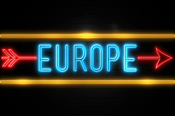 Europe  - fluorescent Neon Sign on brickwall Front view