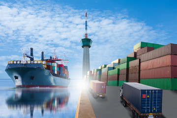 ship with container vessel go to international terminal port with throughput Capacity import export...