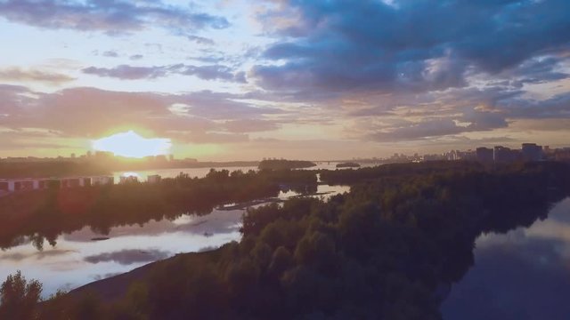 aerial view of sunset over siberian river