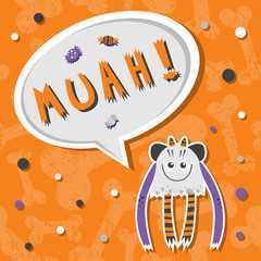 Vector background with shabby bones seamless pattern. Scary, but cute and lovely halloween monster hungry for sweets with toothy smile. Speech bubble with slang MUAH! Speech bubble with words.  - 170108201