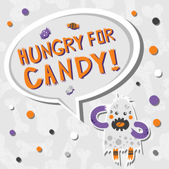 Vector background with shabby bones seamless pattern. Scary, but cute halloween monster hungry for sweets with toothy smile. Speech bubble with words.  - 170108209