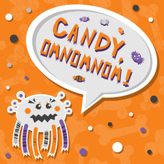 Vector background with shabby bones seamless pattern. Scary cute halloween monster hungry for sweets with toothy smile. Speech bubble with slang words CANDY, OMNOMNOM! - 170108221