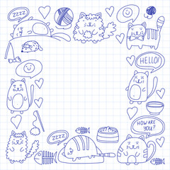 Cute kittens Cat icons Kids drawing Children drawing Doodle domestic cats for veterinary, cattery, zoo, kindergarten, pre-school Cat's nursery