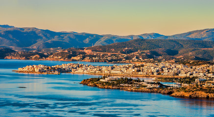 Fototapeta premium Panoramic view of Agios Nikolaos in the early morning, Crete