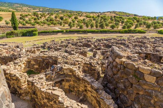 Barumini, Sardinia, Italy. Ruins of megalithic prehistoric nuragic complex of Su Nuraxi. UNESCO World Heritage List
