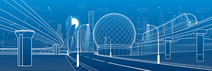 City infrastructure and transport illustration. Monorail railway. Train move over flyover. Spherical building. Modern night city. Airplane fly. Towers and skyscrapers. White lines. Vector design art