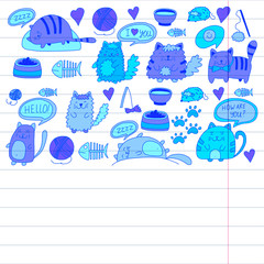 Cats vector Domestic cute kawaii kittens Japanese kawaii style Cartoon cats playing Illustratrion for pet shop, veterinary, cattery, wallpaper, kindergarten Kids drawing Children drawing style