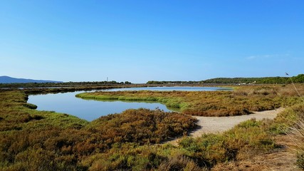 Porto Pino pond panoramic view. Sardinia, Italy