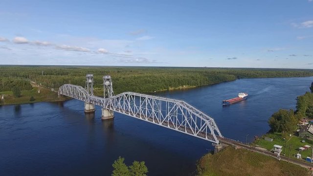 Aerial view of cargo barge on river. Video clip Ultra HD 4K 3840x2160