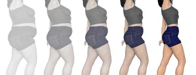 Conceptual fat overweight obese female vs slim fit healthy body after weight loss or diet with muscles thin young woman isolated. A fitness, nutrition or fatness obesity, health shape 3D illustration