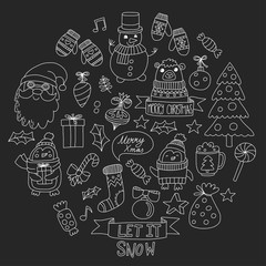 Christmas Xmas New year Christmas icons for backgrounds, decoration, patterns, cards, ornaments Doodle christmas tree with lights and balls New year celebration and party with bear and Santa Claus
