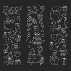 Christmas Xmas New year Christmas icons for backgrounds, decoration, patterns, cards, ornaments Doodle christmas tree with lights and balls New year celebration and party with bear and Santa Claus