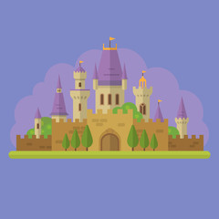 Fairytale princess castle flat illustration