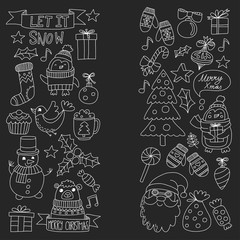 Christmas Xmas New year Christmas icons for backgrounds, decoration, patterns, cards, ornaments Doodle christmas tree with lights and balls New year celebration and party with bear and Santa Claus
