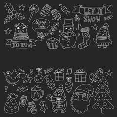 Christmas Xmas New year Christmas icons for backgrounds, decoration, patterns, cards, ornaments Doodle christmas tree with lights and balls New year celebration and party with bear and Santa Claus