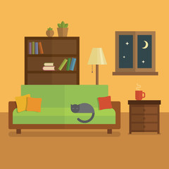 Cozy room interior flat illustration. Bookcase with books and plants, cat sleeping on a green sofa, cup of tea on the table