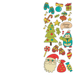 Fototapeta na wymiar Christmas Xmas New year Christmas icons for backgrounds, decoration, patterns, cards, ornaments Doodle christmas tree with lights and balls New year celebration and party with bear and Santa Claus