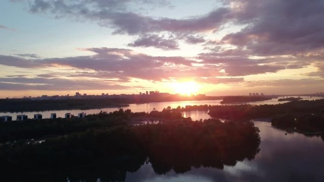 aerial view of sunset at summer evening on russian river