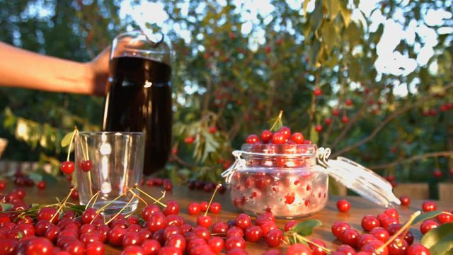 Cherry juice on the background of growing cherries.
Slow motion. The smooth glide of the camera ( from right to left ) along the table with a cherries and juice.
