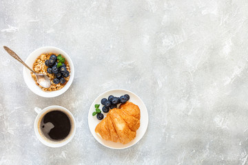 Healthy breakfast - muesli with blueberry and honey