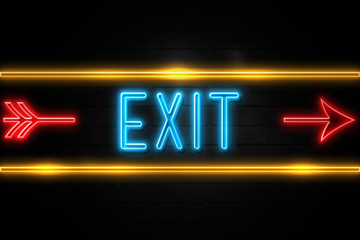 Exit  - fluorescent Neon Sign on brickwall Front view