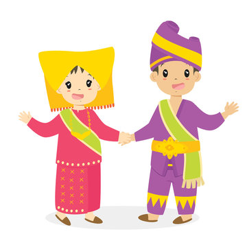 Indonesian boy and girl wearing Padang, West Sumatra traditional dress and holding hand, cartoon vector illustration
