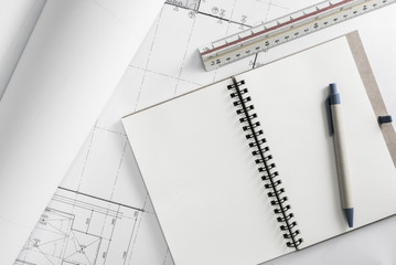 Construction design work with note paper of engineer concept