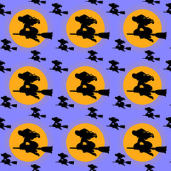Seamless pattern for Halloween with witches flying on broom and moon. Vector illustration. Traditional purple and orange colors