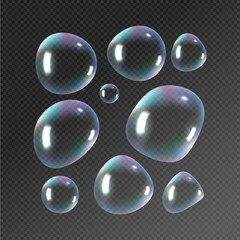 Realistic soap bubbles. Rainbow reflection bubbles isolated vector on transparent illustration