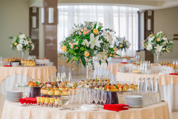 Snacks, fish and meat specialities on the buffet. Desserts. A gala reception. Served tables. Catering.