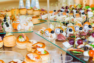 Snacks, fish and meat specialities on the buffet. A gala reception. Served tables. Catering.