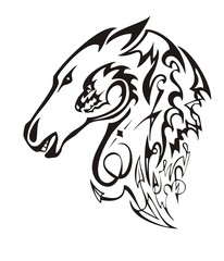 Linear ornate horse head. Tribal mustang head with the twirled dragon head inside ready for t-shirt design, tattoos and other