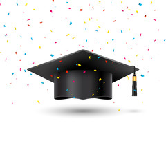 Education graduation university cup on white background. Success academic student hat for ceremony confetti school achievement