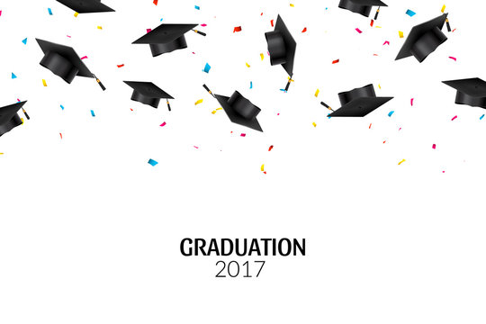 Graduate caps and confetti on white background. Education hat ceremony university achievement