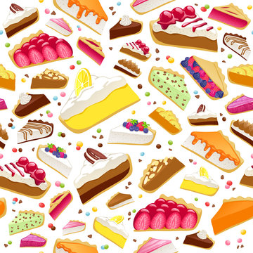 Colorful sweet cakes slices seamless background.