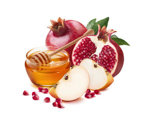 Red apple, pomegranate and honey jar for Jewish New Year
