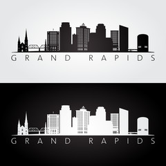 Obraz premium Grand Rapids USA skyline and landmarks silhouette, black and white design, vector illustration.