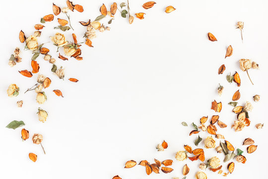 Autumn composition. Frame made of autumn dried flowers and leaves on white background. Flat lay, top view, copy space